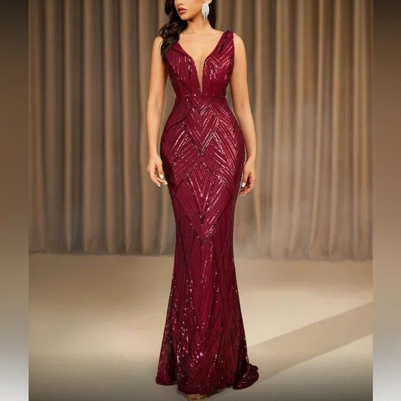 Luxe mermaid hem back evening party formal prom wedding sequin dress - Picture 2 of 6